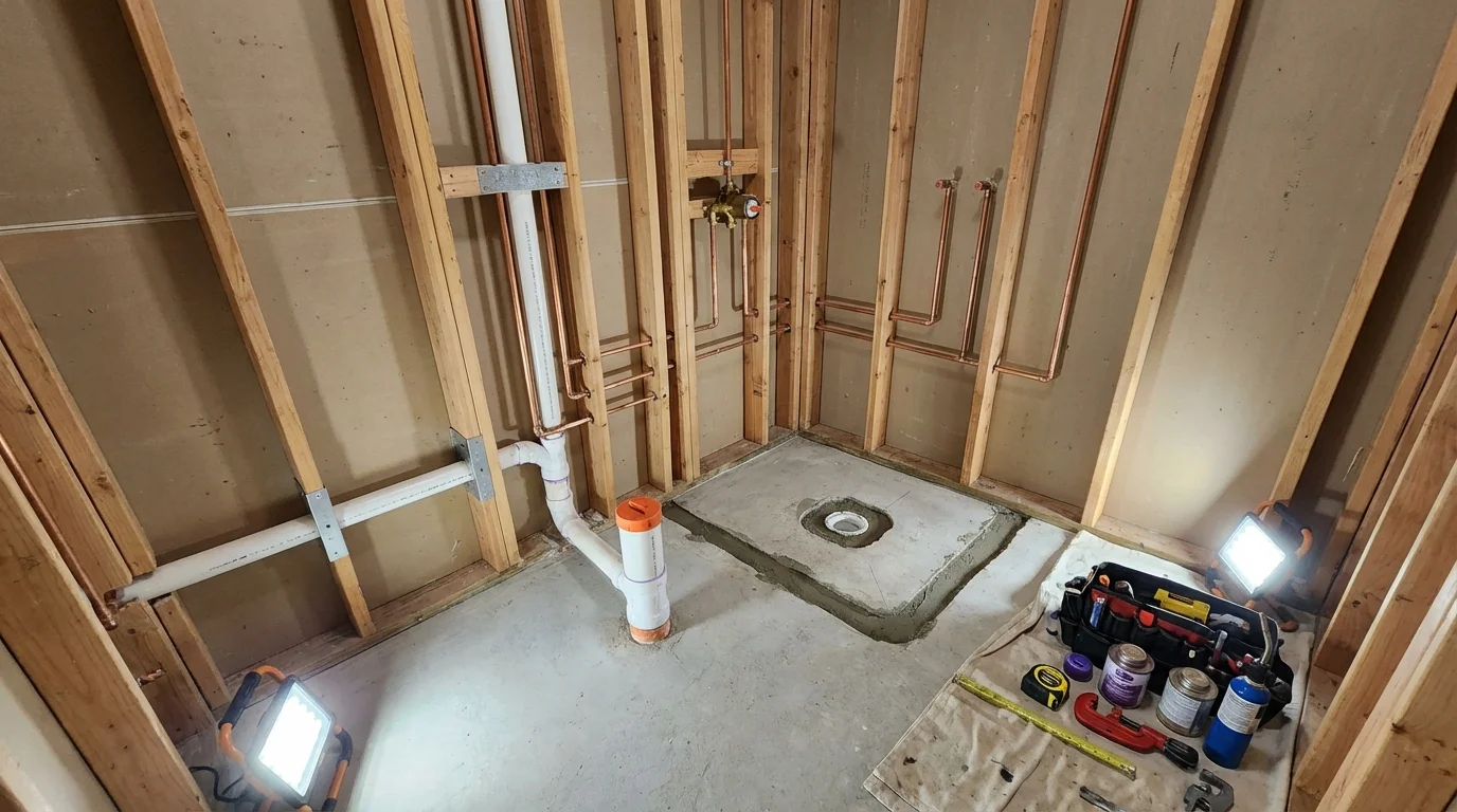 Bathroom rough-in plumbing during remodel by Johns Plumbing LLC in Church Point