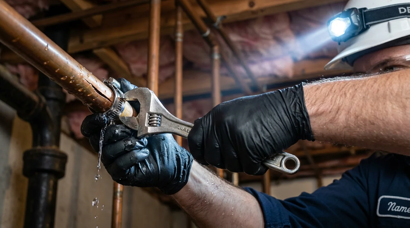 Emergency pipe clamp repair being performed by a Johns Plumbing LLC plumber in Church Point