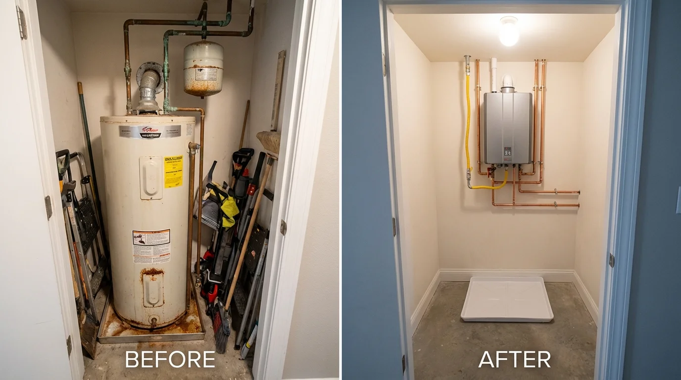 Tank water heater versus wall-mounted tankless unit comparison for Church Point, LA homeowners
