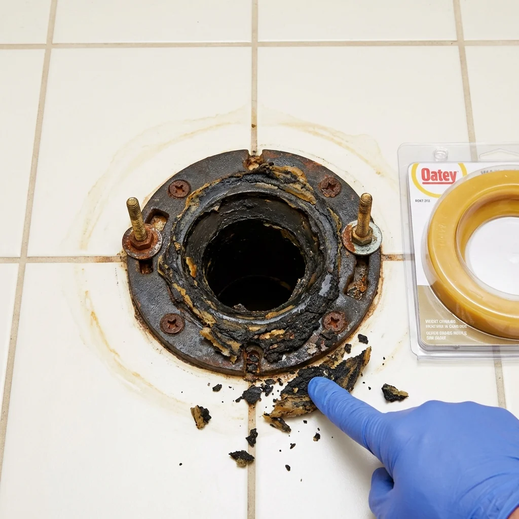 Failed wax ring showing water seepage at the base of a toilet in a Church Point, LA home