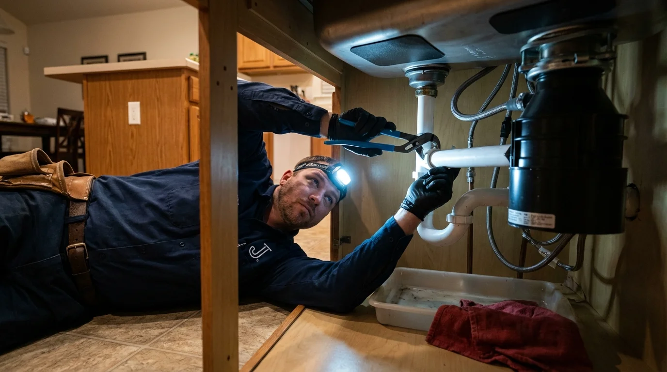 P-trap and supply line connections under a kitchen sink showing a common leak point in Church Point, LA
